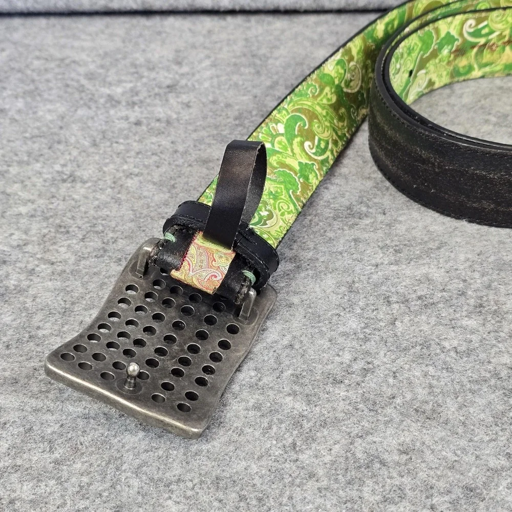 Robert Graham Belt Mens Black Leather Green Paisley Lining Silver Buckle 43